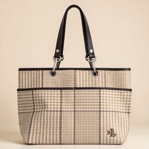 Lauren Ralph Lauren Y2K Houndstooth Plaid Canvas tote bag with Leather trim